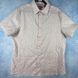Axist Stretch Mens Large Short Sleeve Button Down Shirt Floral Leaf Print Peach
